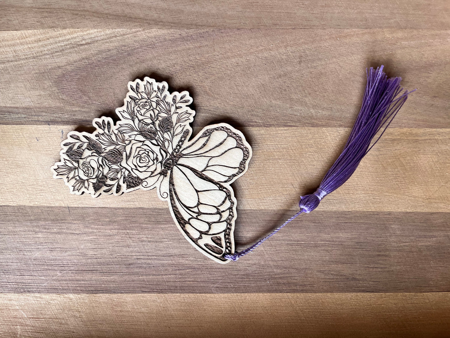 Butterfly Rose Wood Bookmark